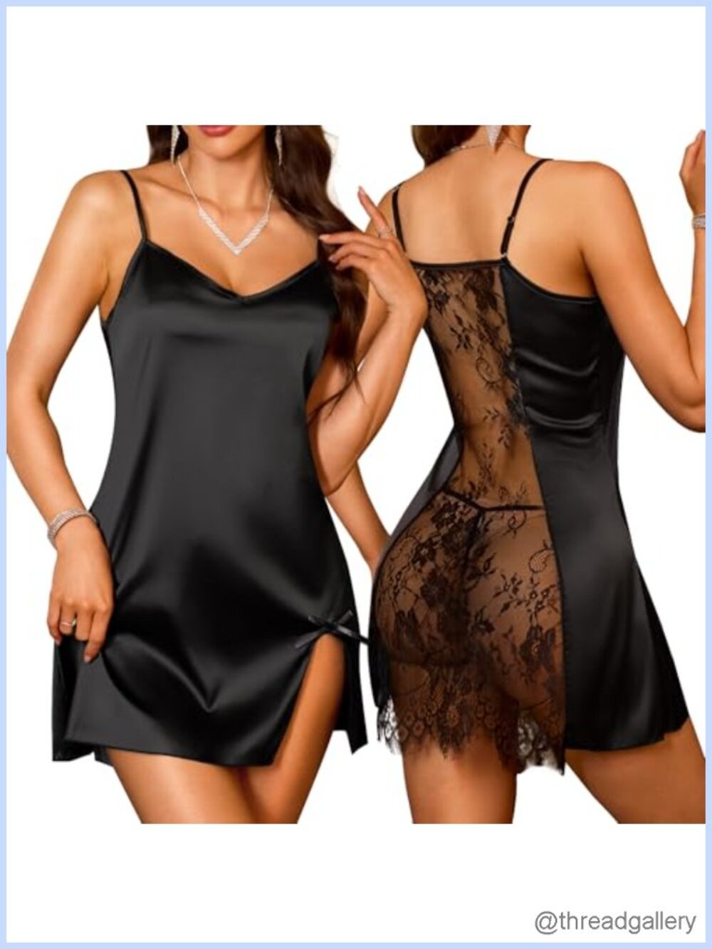 Satin Lace Babydoll Nightgown V Neck Chemise Slip Sleepwear